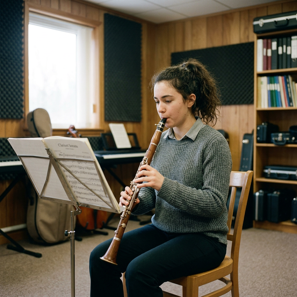 Young woman sitting on chair playing a clarinet while reading sheet music